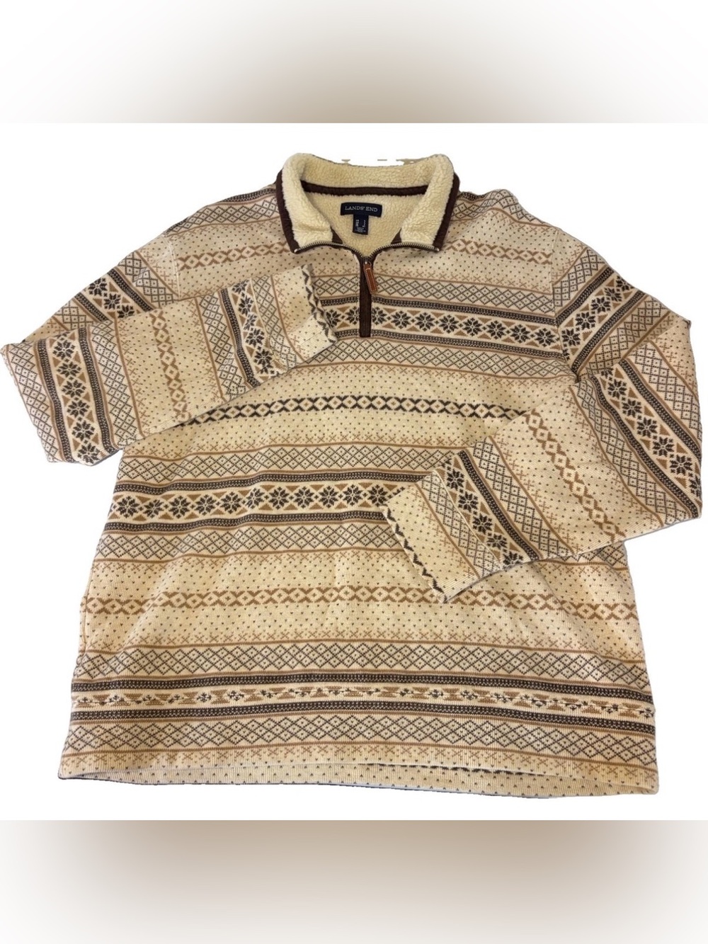 Lands' End Beige Brown Fair Isle Knit 1/4 Zip Mock Neck Sweater Men's L